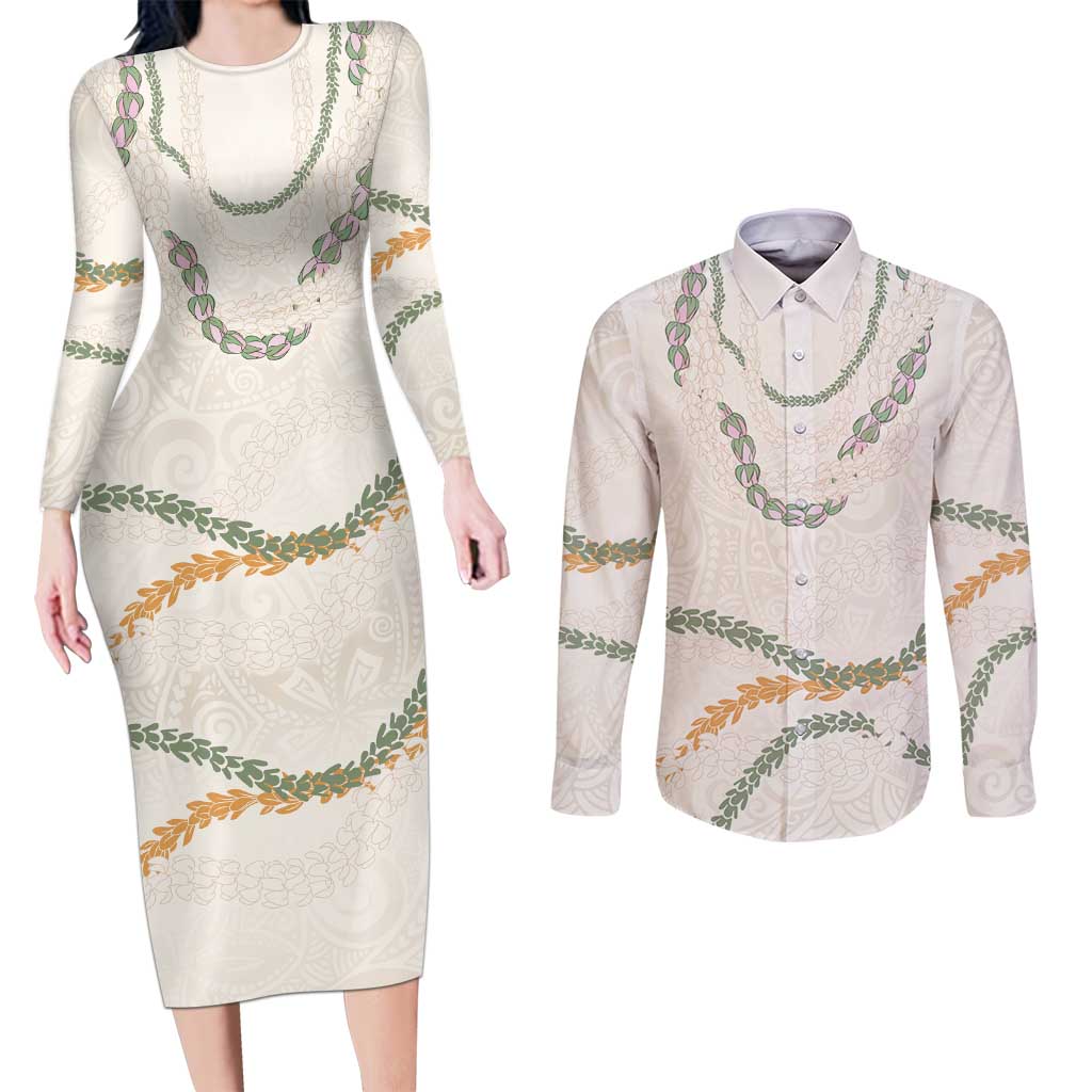 Aloha Lei Mikioi Couples Matching Long Sleeve Bodycon Dress and Long Sleeve Button Shirt Beige Polynesian Tribal Tatau Pattern