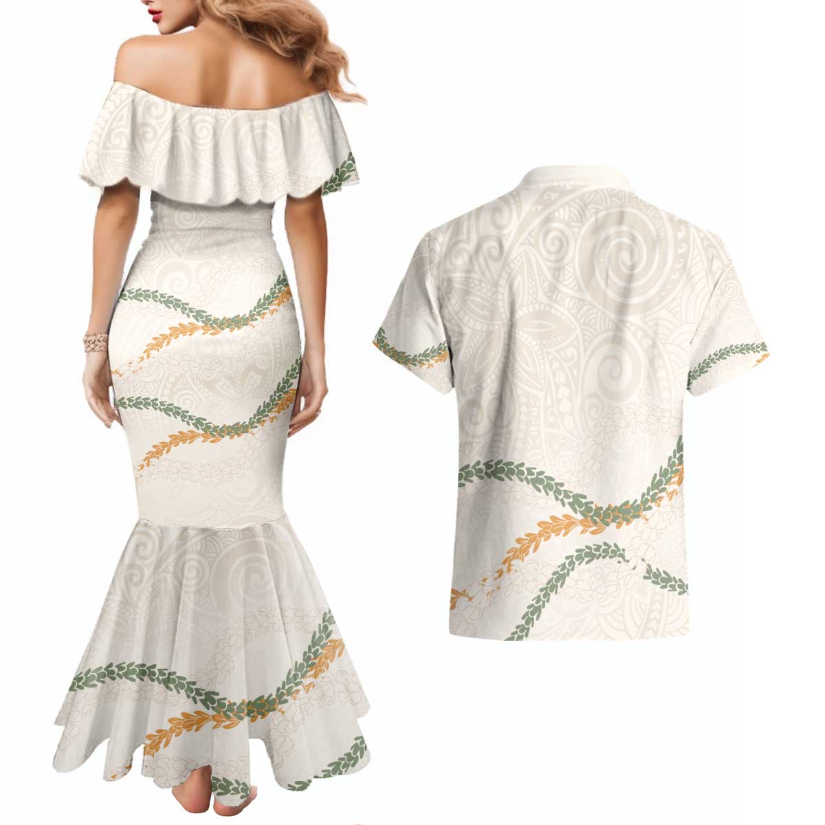 Aloha Lei Mikioi Couples Matching Mermaid Dress and Hawaiian Shirt Beige Polynesian Tribal Tatau Pattern LT9 - Polynesian Pride