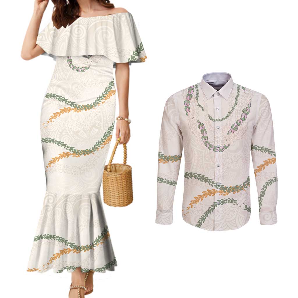 Aloha Lei Mikioi Couples Matching Mermaid Dress and Long Sleeve Button Shirt Beige Polynesian Tribal Tatau Pattern LT9 Beige - Polynesian Pride