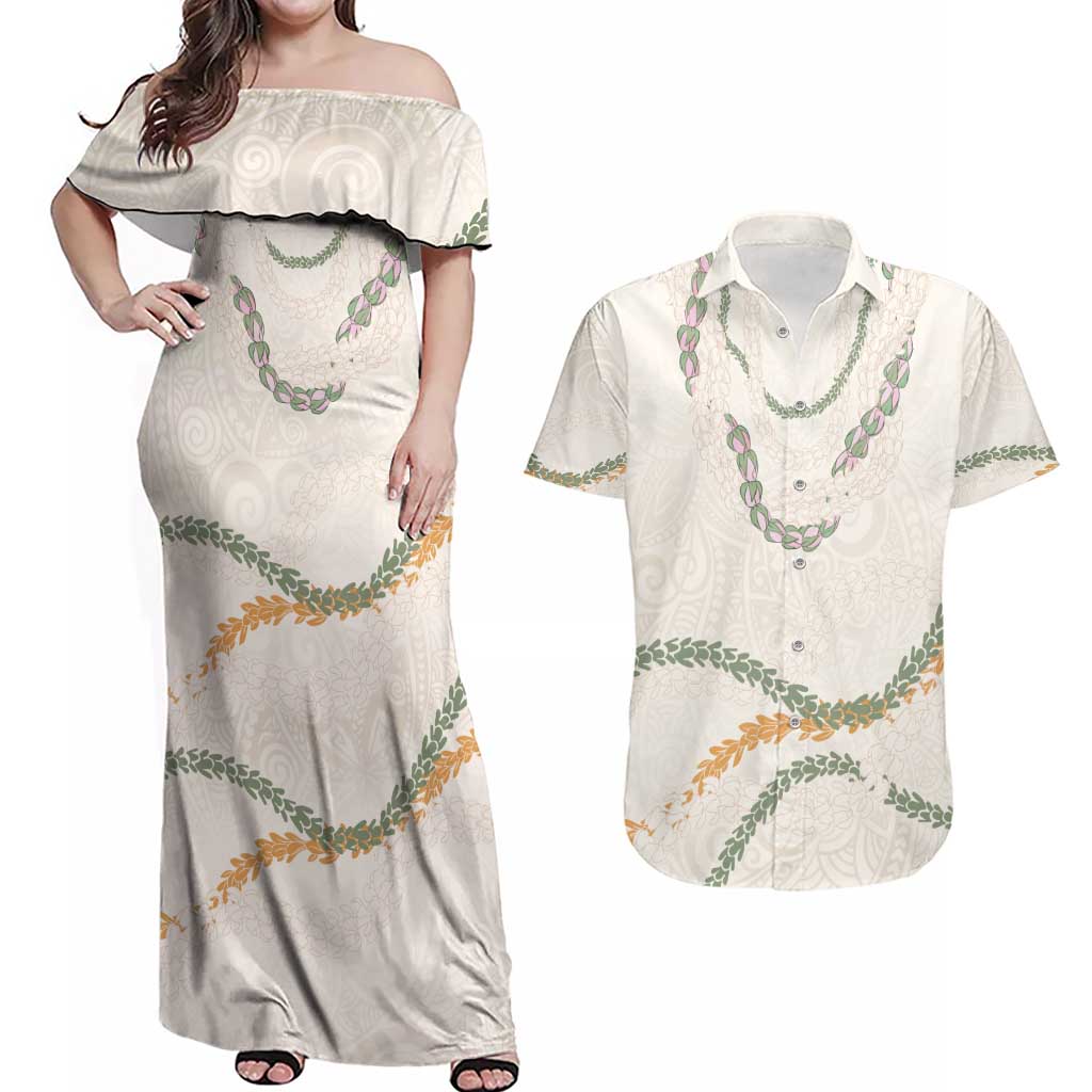 Aloha Lei Mikioi Couples Matching Off Shoulder Maxi Dress and Hawaiian Shirt Beige Polynesian Tribal Tatau Pattern LT9 Beige - Polynesian Pride