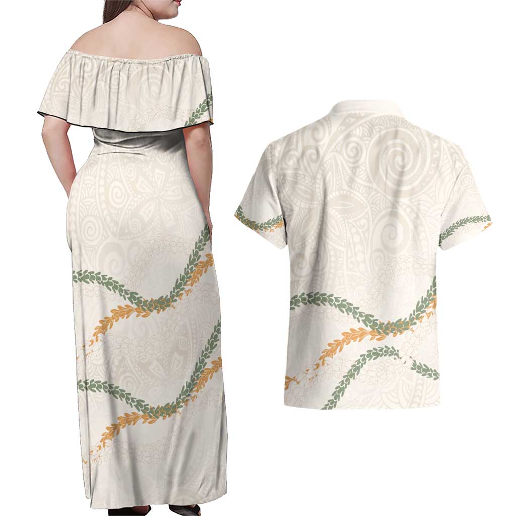 Aloha Lei Mikioi Couples Matching Off Shoulder Maxi Dress and Hawaiian Shirt Beige Polynesian Tribal Tatau Pattern LT9 - Polynesian Pride