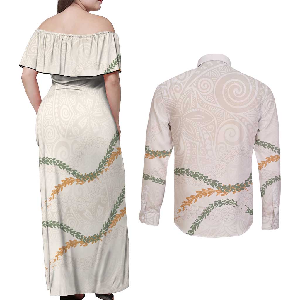 Aloha Lei Mikioi Couples Matching Off Shoulder Maxi Dress and Long Sleeve Button Shirt Beige Polynesian Tribal Tatau Pattern