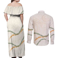 Aloha Lei Mikioi Couples Matching Off Shoulder Maxi Dress and Long Sleeve Button Shirt Beige Polynesian Tribal Tatau Pattern