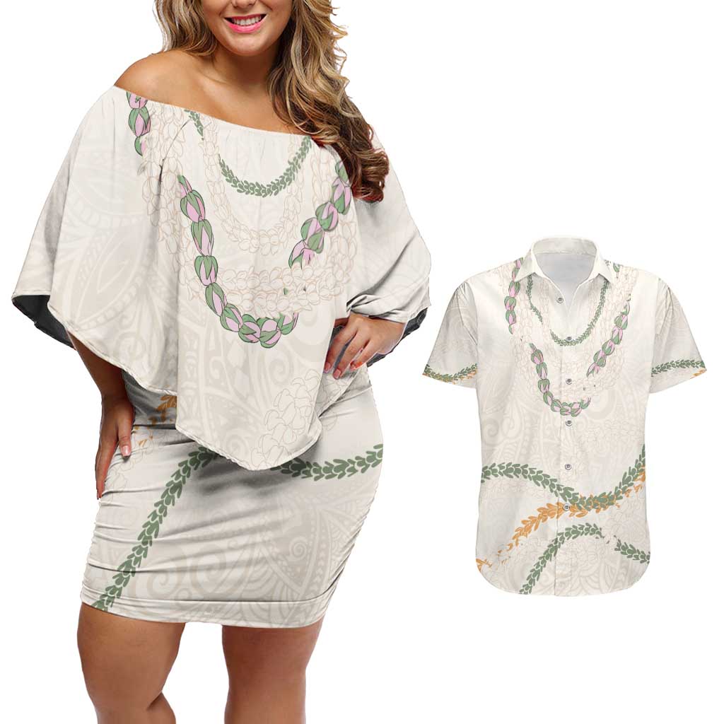 Aloha Lei Mikioi Couples Matching Off Shoulder Short Dress and Hawaiian Shirt Beige Polynesian Tribal Tatau Pattern LT9 Beige - Polynesian Pride