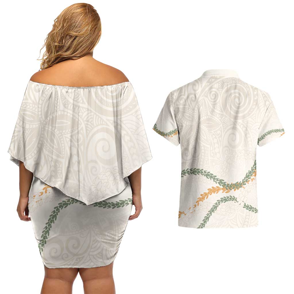Aloha Lei Mikioi Couples Matching Off Shoulder Short Dress and Hawaiian Shirt Beige Polynesian Tribal Tatau Pattern LT9 - Polynesian Pride