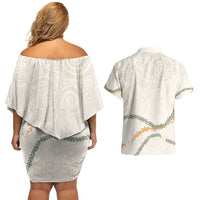 Aloha Lei Mikioi Couples Matching Off Shoulder Short Dress and Hawaiian Shirt Beige Polynesian Tribal Tatau Pattern LT9 - Polynesian Pride