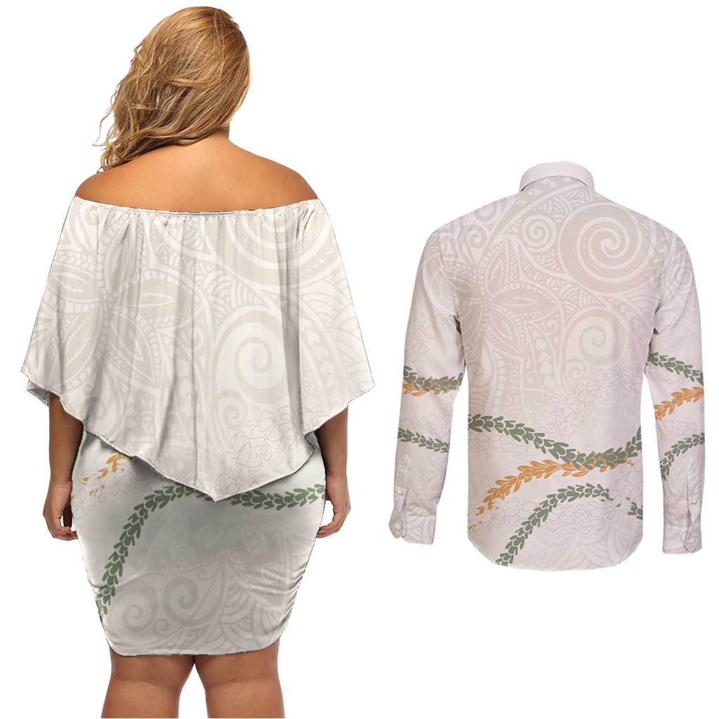 Aloha Lei Mikioi Couples Matching Off Shoulder Short Dress and Long Sleeve Button Shirt Beige Polynesian Tribal Tatau Pattern