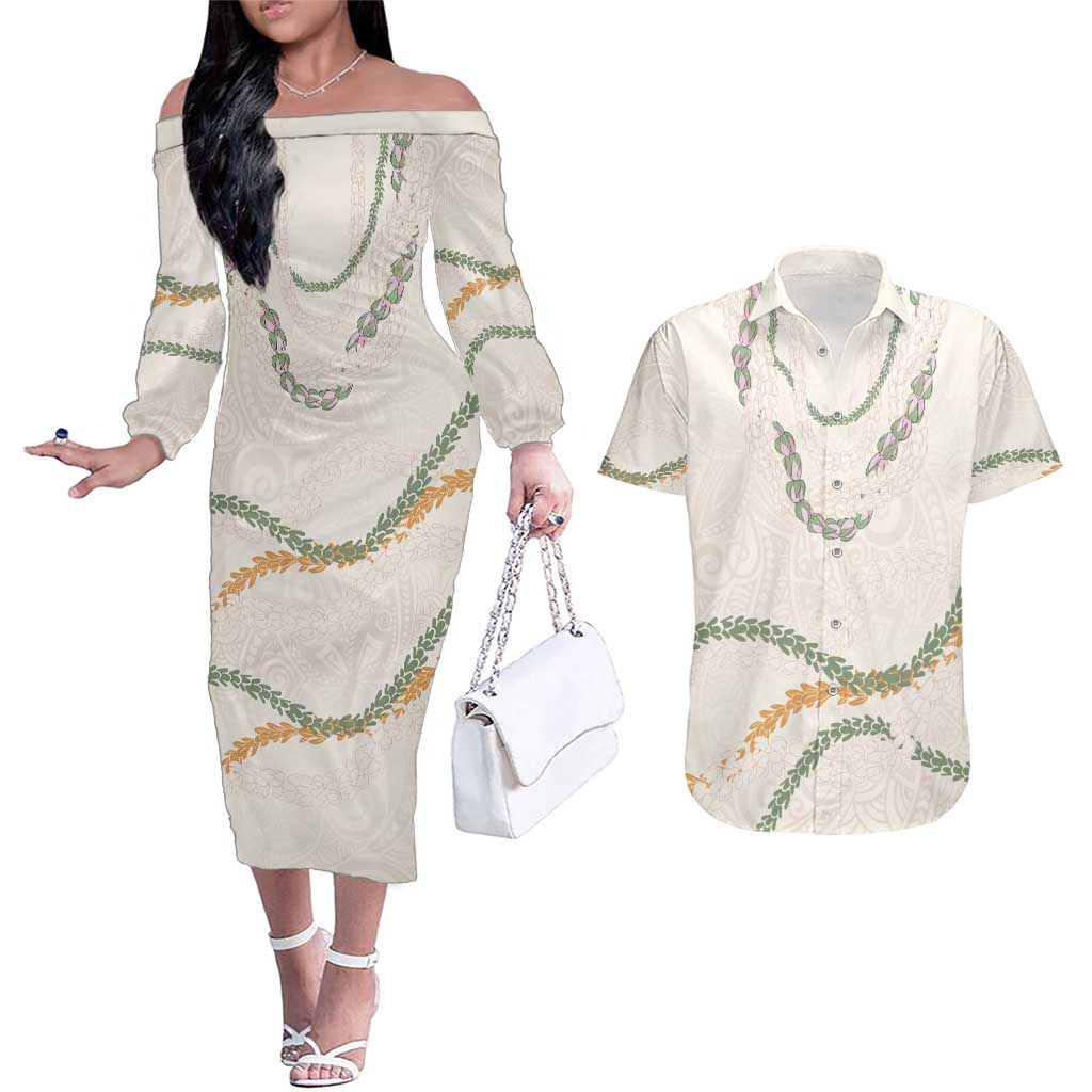 Aloha Lei Mikioi Couples Matching Off The Shoulder Long Sleeve Dress and Hawaiian Shirt Beige Polynesian Tribal Tatau Pattern LT9 Beige - Polynesian Pride