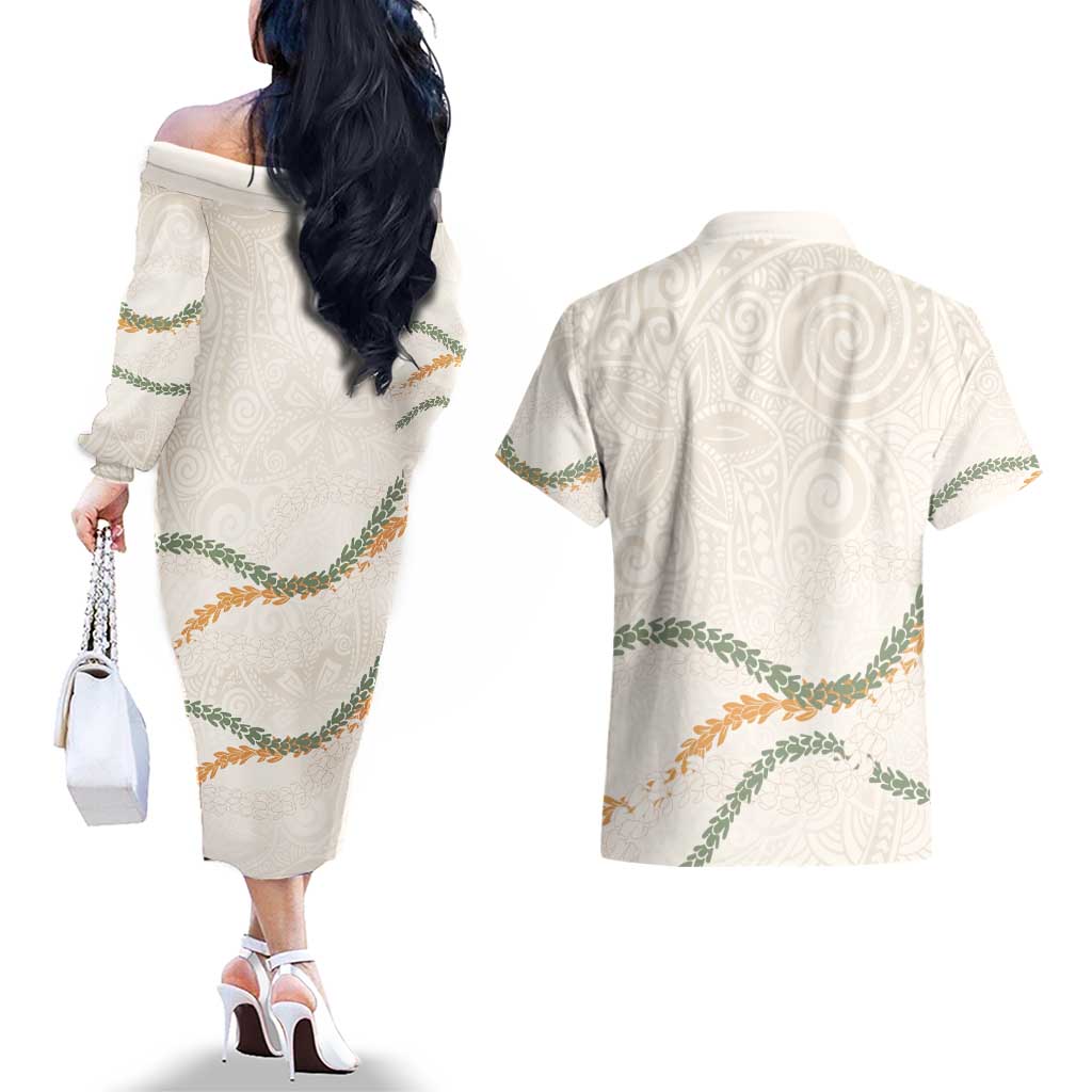 Aloha Lei Mikioi Couples Matching Off The Shoulder Long Sleeve Dress and Hawaiian Shirt Beige Polynesian Tribal Tatau Pattern LT9 - Polynesian Pride