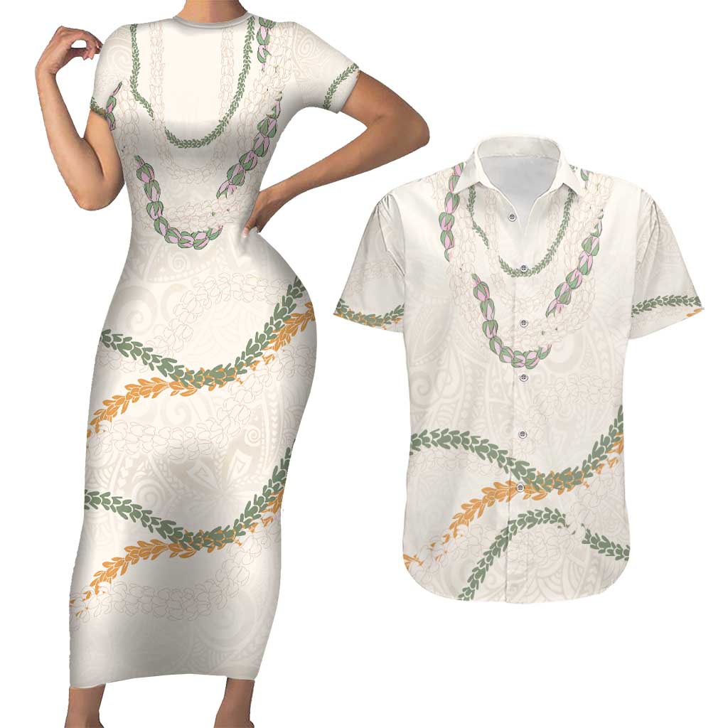 Aloha Lei Mikioi Couples Matching Short Sleeve Bodycon Dress and Hawaiian Shirt Beige Polynesian Tribal Tatau Pattern LT9 Beige - Polynesian Pride