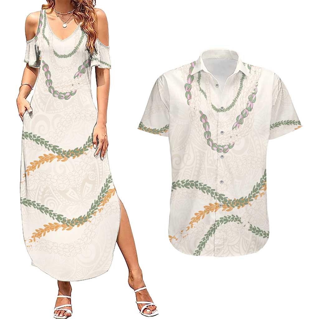 Aloha Lei Mikioi Couples Matching Summer Maxi Dress and Hawaiian Shirt Beige Polynesian Tribal Tatau Pattern LT9 Beige - Polynesian Pride