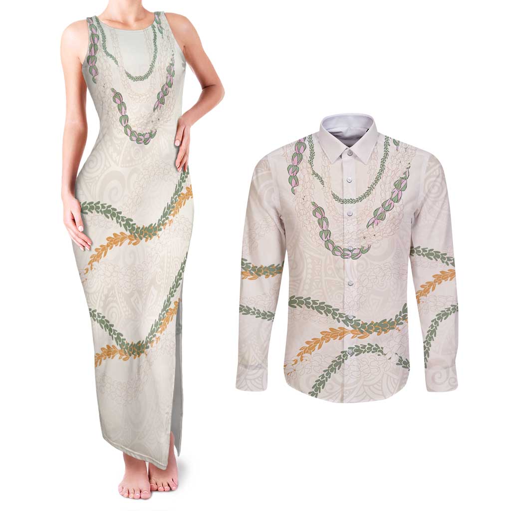 Aloha Lei Mikioi Couples Matching Tank Maxi Dress and Long Sleeve Button Shirt Beige Polynesian Tribal Tatau Pattern