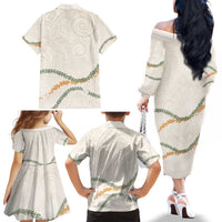 Aloha Lei Mikioi Family Matching Off The Shoulder Long Sleeve Dress and Hawaiian Shirt Beige Polynesian Tribal Tatau Pattern LT9 - Polynesian Pride