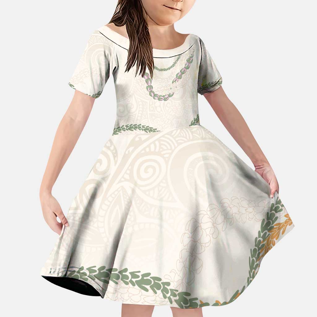 Aloha Lei Mikioi Family Matching Puletasi and Hawaiian Shirt Beige Polynesian Tribal Tatau Pattern LT9 Daughter's Dress Beige - Polynesian Pride