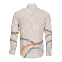 Aloha Lei Mikioi Long Sleeve Button Shirt Beige Polynesian Tribal Tatau Pattern