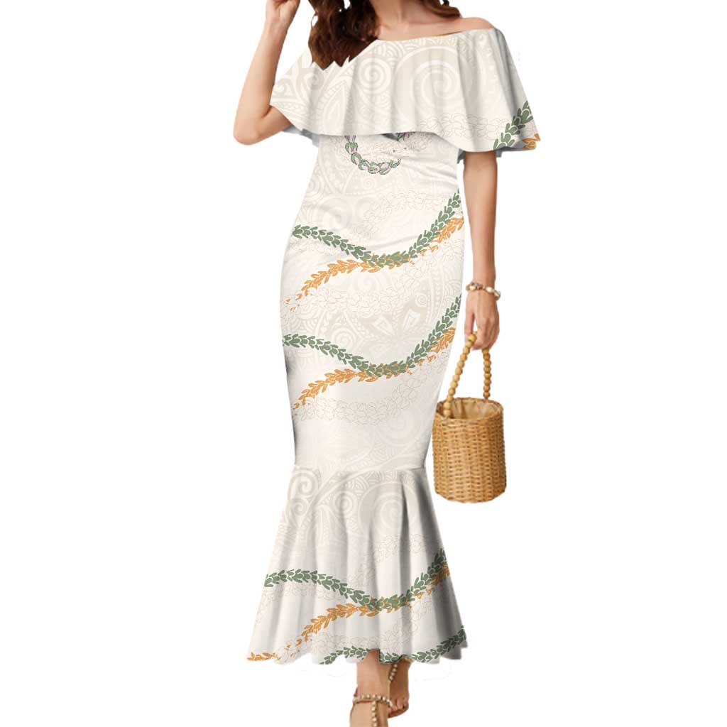 Aloha Lei Mikioi Mermaid Dress Beige Polynesian Tribal Tatau Pattern