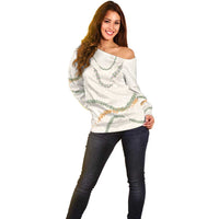Aloha Lei Mikioi Off Shoulder Sweater Beige Polynesian Tribal Tatau Pattern