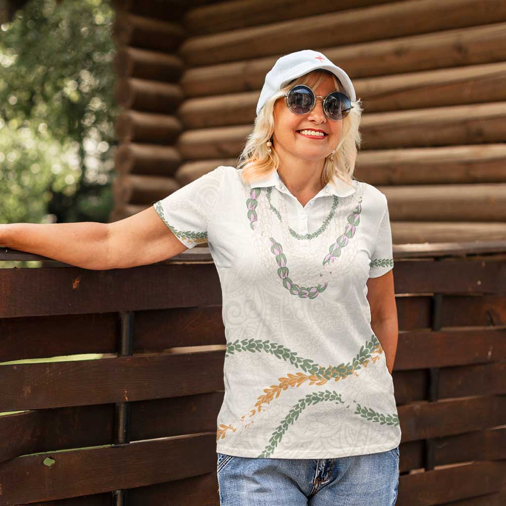 Aloha Lei Mikioi Women Polo Shirt Beige Polynesian Tribal Tatau Pattern