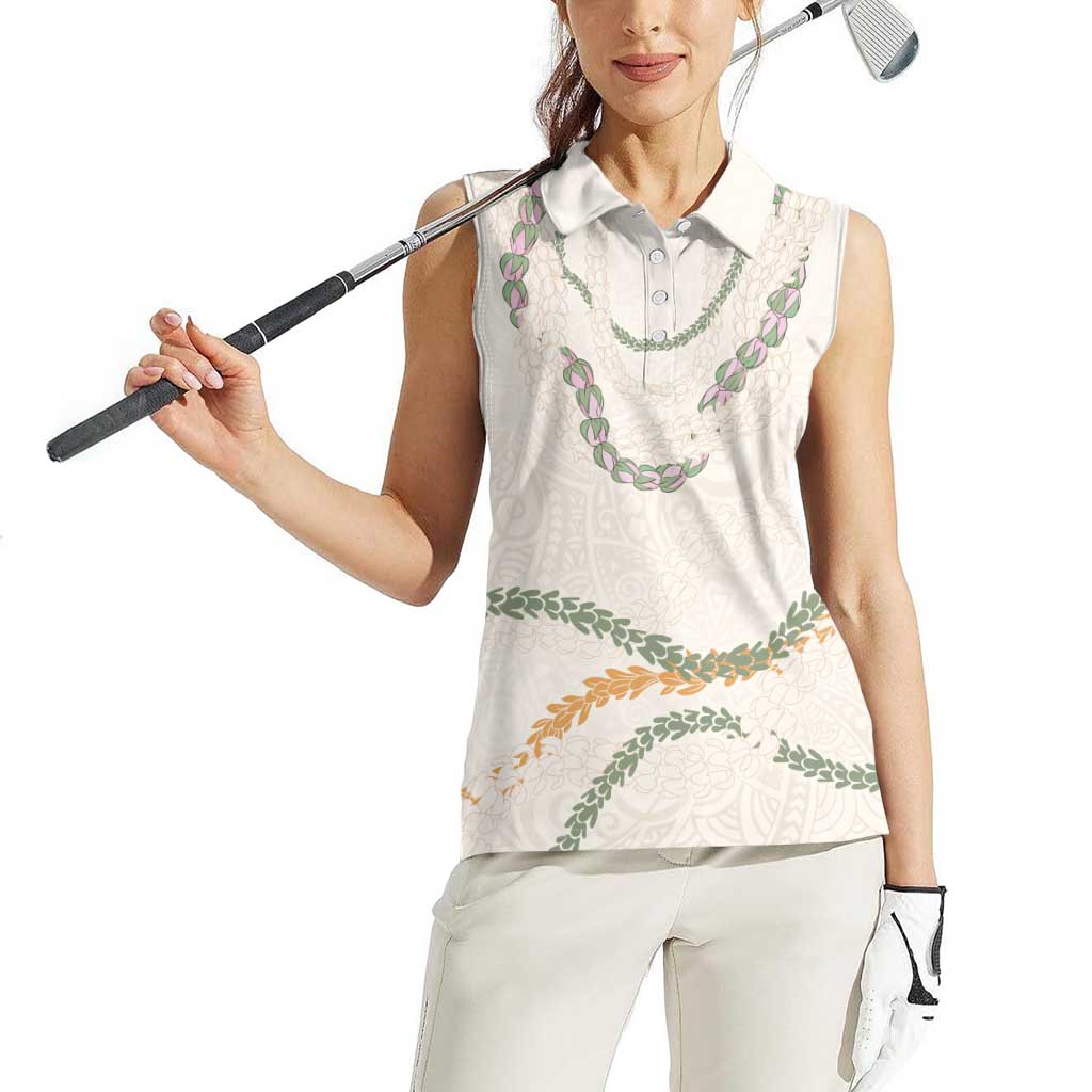 Aloha Lei Mikioi Women Sleeveless Polo Shirt Beige Polynesian Tribal Tatau Pattern
