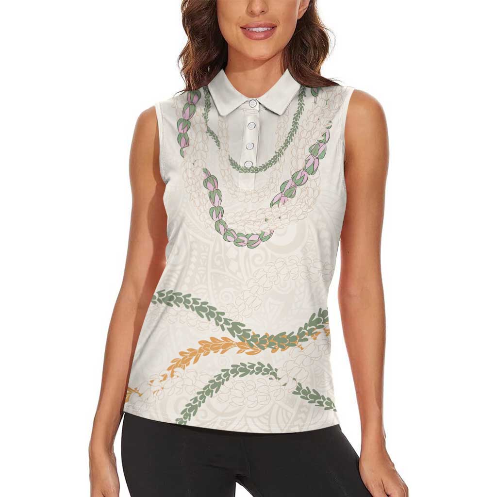 Aloha Lei Mikioi Women Sleeveless Polo Shirt Beige Polynesian Tribal Tatau Pattern