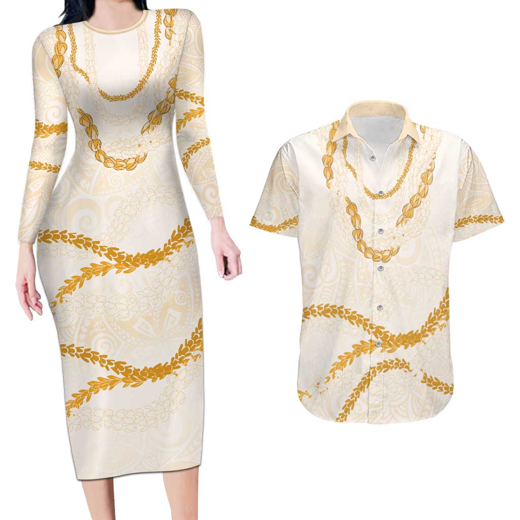 Aloha Lei Mikioi Couples Matching Long Sleeve Bodycon Dress and Hawaiian Shirt Gold Polynesian Tribal Tatau Pattern LT9 Gold - Polynesian Pride