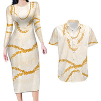 Aloha Lei Mikioi Couples Matching Long Sleeve Bodycon Dress and Hawaiian Shirt Gold Polynesian Tribal Tatau Pattern LT9 Gold - Polynesian Pride