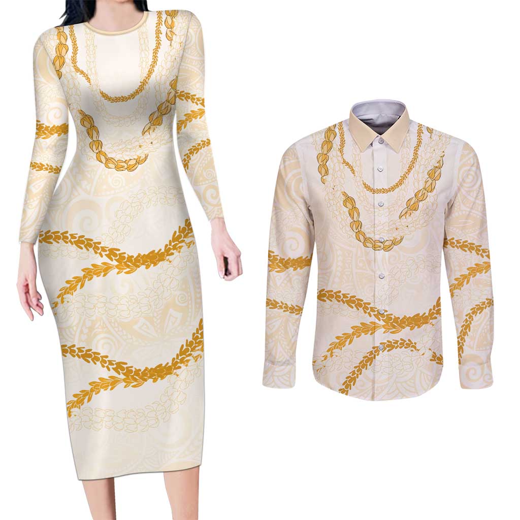 Aloha Lei Mikioi Couples Matching Long Sleeve Bodycon Dress and Long Sleeve Button Shirt Gold Polynesian Tribal Tatau Pattern