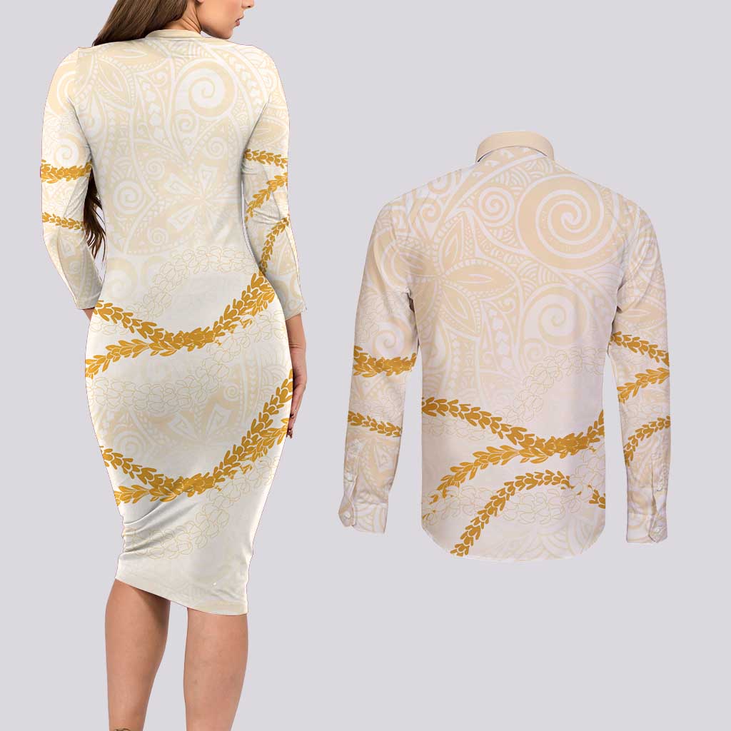 Aloha Lei Mikioi Couples Matching Long Sleeve Bodycon Dress and Long Sleeve Button Shirt Gold Polynesian Tribal Tatau Pattern LT9 - Polynesian Pride
