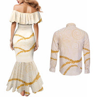 Aloha Lei Mikioi Couples Matching Mermaid Dress and Long Sleeve Button Shirt Gold Polynesian Tribal Tatau Pattern LT9 - Polynesian Pride