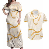 Aloha Lei Mikioi Couples Matching Off Shoulder Maxi Dress and Hawaiian Shirt Gold Polynesian Tribal Tatau Pattern LT9 Gold - Polynesian Pride