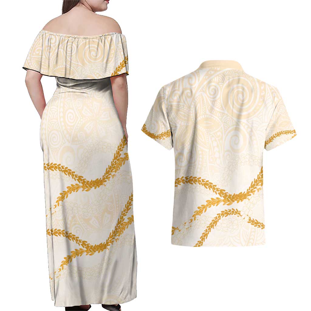 Aloha Lei Mikioi Couples Matching Off Shoulder Maxi Dress and Hawaiian Shirt Gold Polynesian Tribal Tatau Pattern LT9 - Polynesian Pride