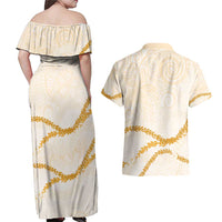 Aloha Lei Mikioi Couples Matching Off Shoulder Maxi Dress and Hawaiian Shirt Gold Polynesian Tribal Tatau Pattern LT9 - Polynesian Pride