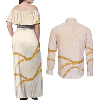 Aloha Lei Mikioi Couples Matching Off Shoulder Maxi Dress and Long Sleeve Button Shirt Gold Polynesian Tribal Tatau Pattern LT9 - Polynesian Pride