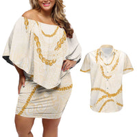 Aloha Lei Mikioi Couples Matching Off Shoulder Short Dress and Hawaiian Shirt Gold Polynesian Tribal Tatau Pattern LT9 Gold - Polynesian Pride