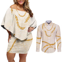Aloha Lei Mikioi Couples Matching Off Shoulder Short Dress and Long Sleeve Button Shirt Gold Polynesian Tribal Tatau Pattern LT9 Gold - Polynesian Pride