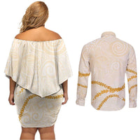 Aloha Lei Mikioi Couples Matching Off Shoulder Short Dress and Long Sleeve Button Shirt Gold Polynesian Tribal Tatau Pattern LT9 - Polynesian Pride