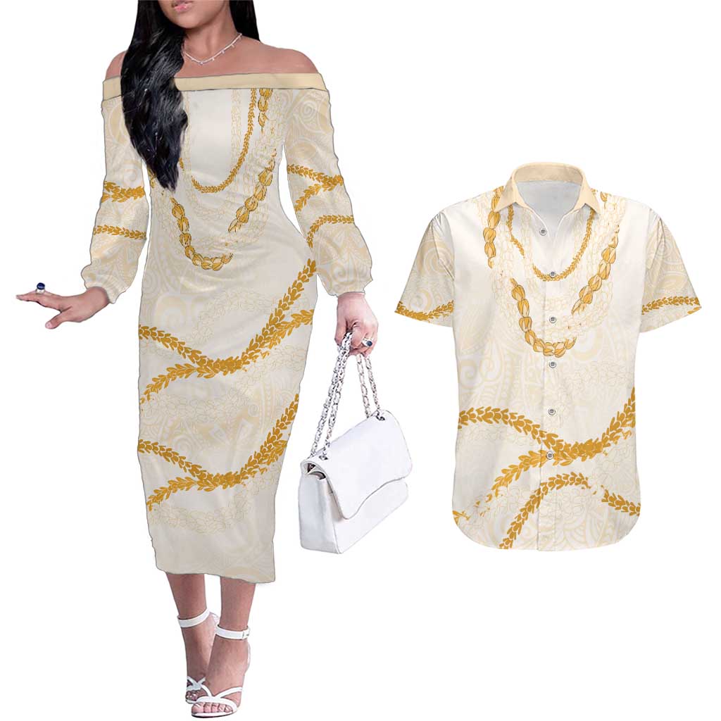 Aloha Lei Mikioi Couples Matching Off The Shoulder Long Sleeve Dress and Hawaiian Shirt Gold Polynesian Tribal Tatau Pattern LT9 Gold - Polynesian Pride