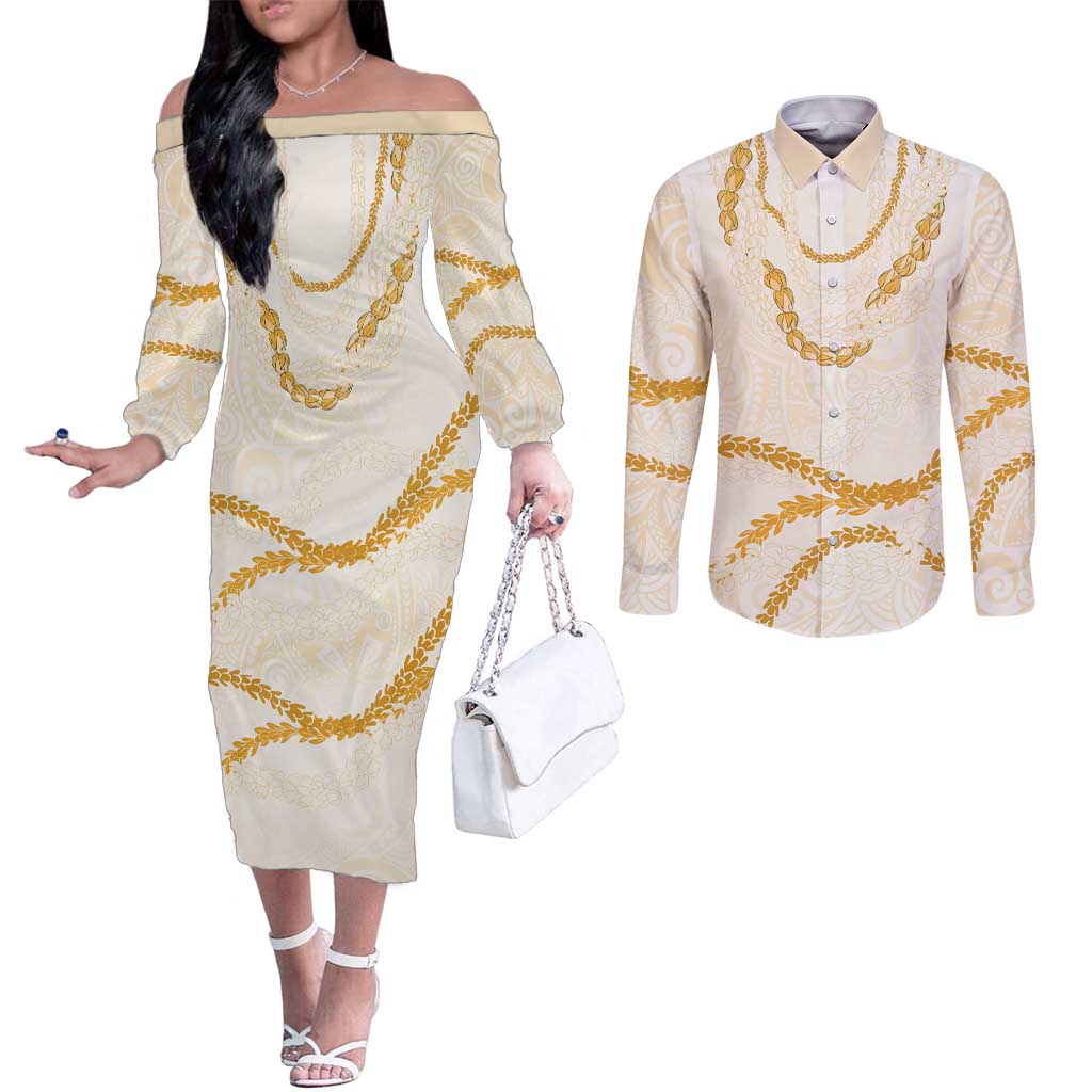 Aloha Lei Mikioi Couples Matching Off The Shoulder Long Sleeve Dress and Long Sleeve Button Shirt Gold Polynesian Tribal Tatau Pattern LT9 Gold - Polynesian Pride