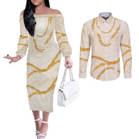 Aloha Lei Mikioi Couples Matching Off The Shoulder Long Sleeve Dress and Long Sleeve Button Shirt Gold Polynesian Tribal Tatau Pattern LT9 Gold - Polynesian Pride