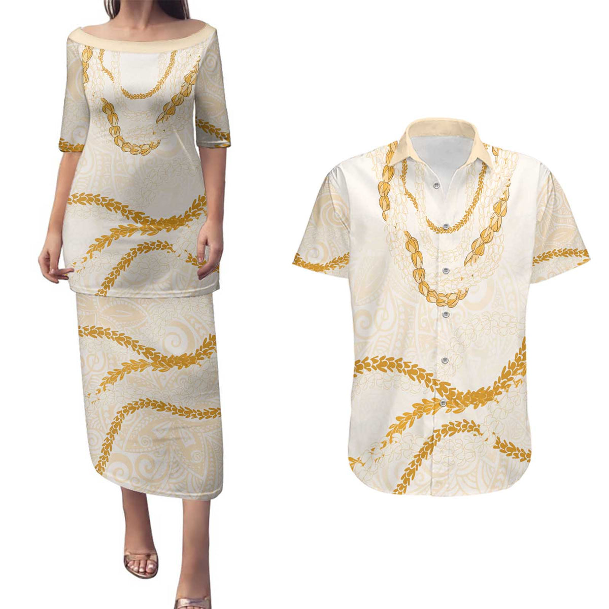 Aloha Lei Mikioi Couples Matching Puletasi and Hawaiian Shirt Gold Polynesian Tribal Tatau Pattern LT9 Gold - Polynesian Pride