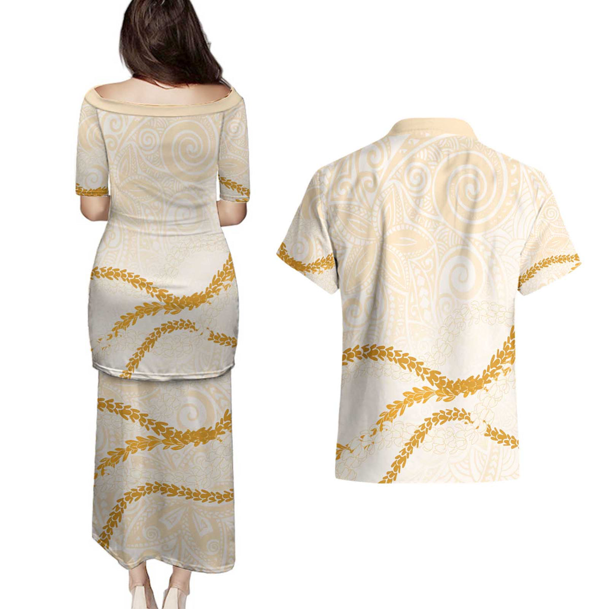 Aloha Lei Mikioi Couples Matching Puletasi and Hawaiian Shirt Gold Polynesian Tribal Tatau Pattern LT9 - Polynesian Pride
