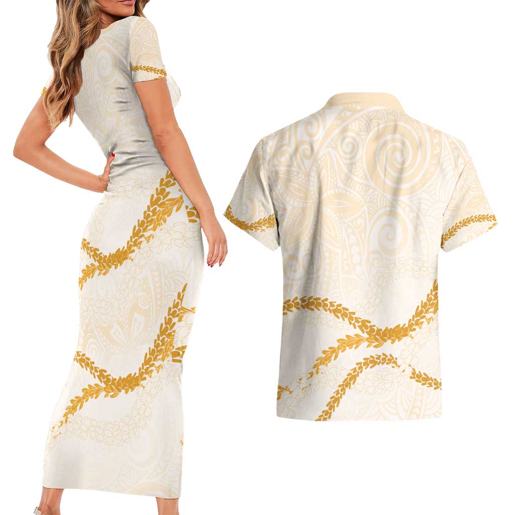 Aloha Lei Mikioi Couples Matching Short Sleeve Bodycon Dress and Hawaiian Shirt Gold Polynesian Tribal Tatau Pattern LT9 - Polynesian Pride