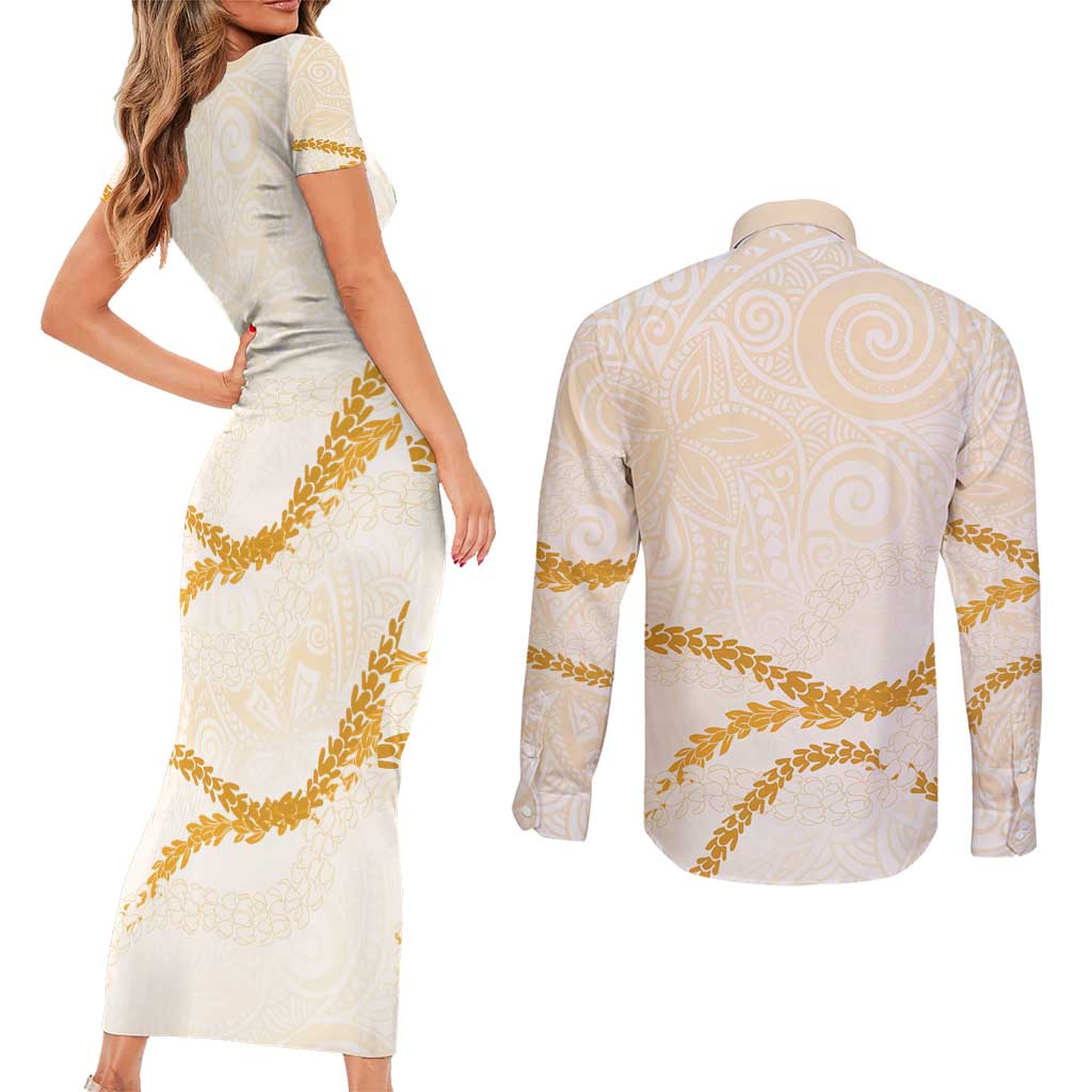 Aloha Lei Mikioi Couples Matching Short Sleeve Bodycon Dress and Long Sleeve Button Shirt Gold Polynesian Tribal Tatau Pattern LT9 - Polynesian Pride
