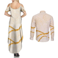 Aloha Lei Mikioi Couples Matching Summer Maxi Dress and Long Sleeve Button Shirt Gold Polynesian Tribal Tatau Pattern