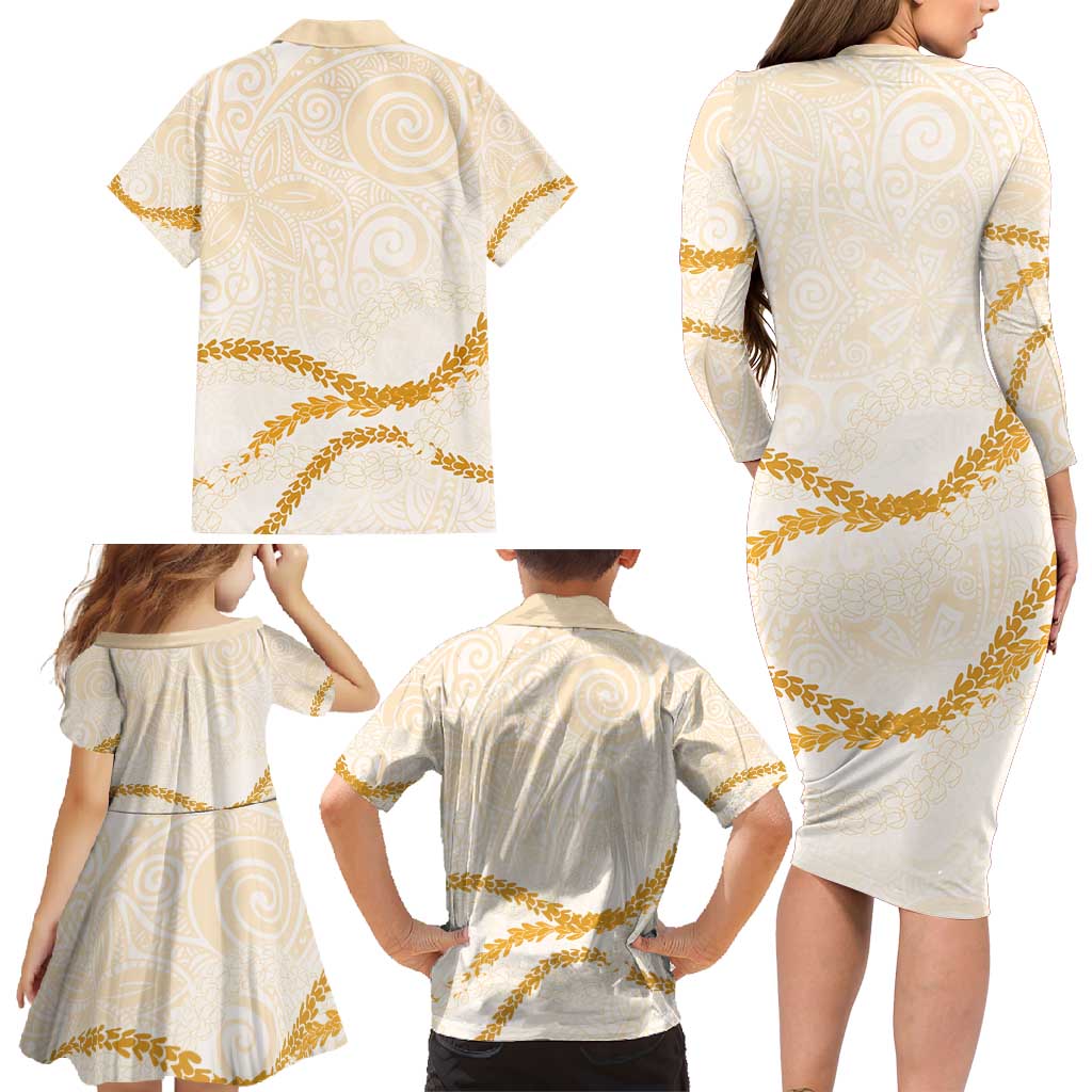 Aloha Lei Mikioi Family Matching Long Sleeve Bodycon Dress and Hawaiian Shirt Gold Polynesian Tribal Tatau Pattern LT9 - Polynesian Pride