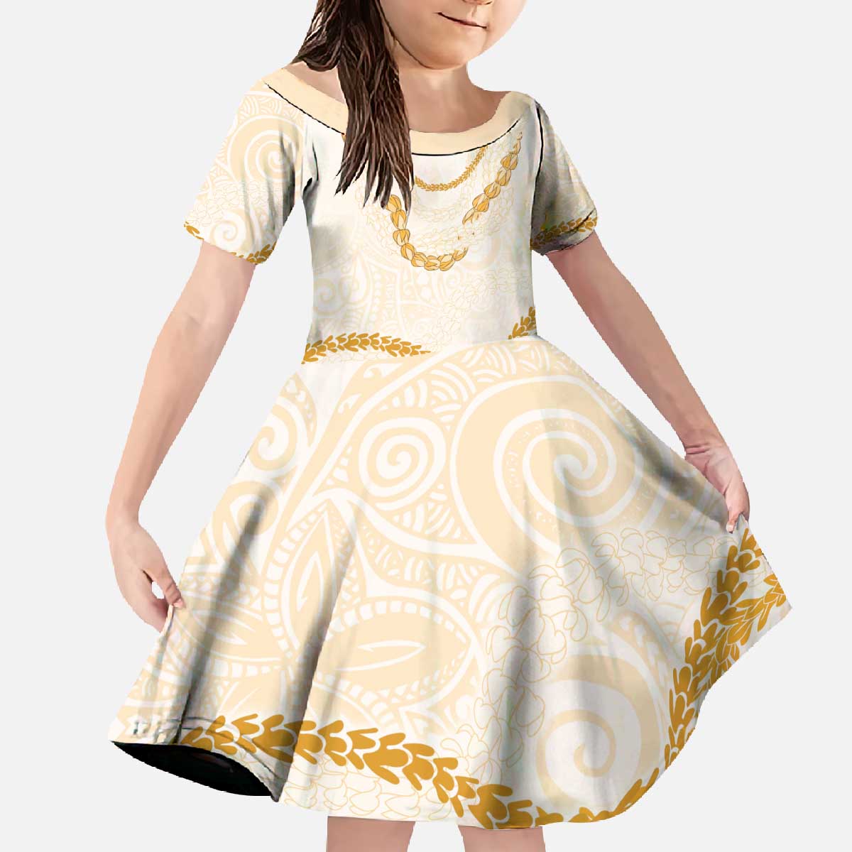 Aloha Lei Mikioi Family Matching Off The Shoulder Long Sleeve Dress and Hawaiian Shirt Gold Polynesian Tribal Tatau Pattern LT9 Daughter's Dress Gold - Polynesian Pride