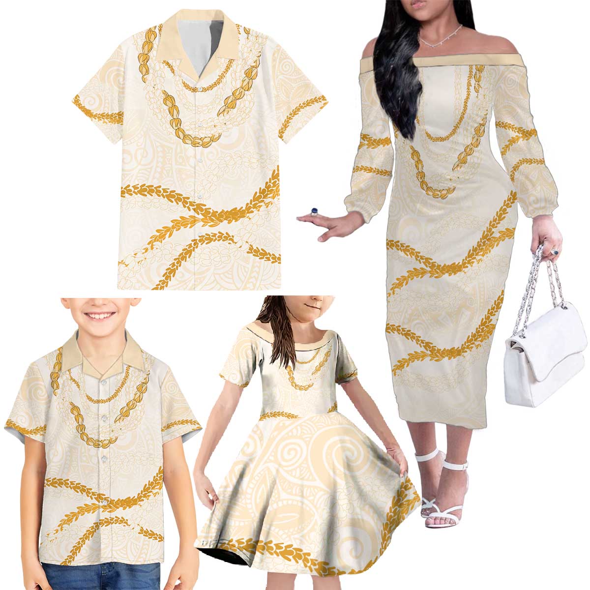 Aloha Lei Mikioi Family Matching Off The Shoulder Long Sleeve Dress and Hawaiian Shirt Gold Polynesian Tribal Tatau Pattern LT9 - Polynesian Pride