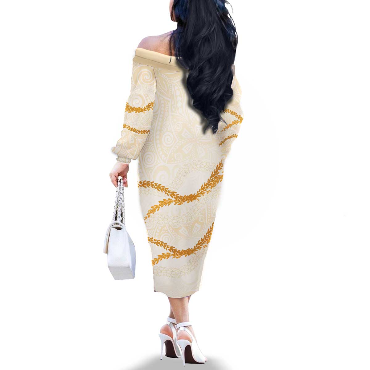 Aloha Lei Mikioi Family Matching Off The Shoulder Long Sleeve Dress and Hawaiian Shirt Gold Polynesian Tribal Tatau Pattern LT9 - Polynesian Pride