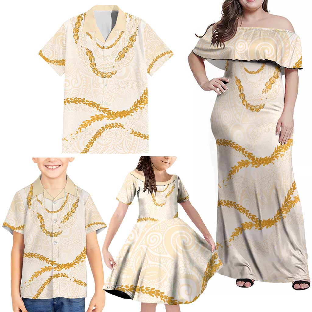 Aloha Lei Mikioi Family Matching Off Shoulder Maxi Dress and Hawaiian Shirt Gold Polynesian Tribal Tatau Pattern LT9 - Polynesian Pride