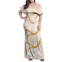 Aloha Lei Mikioi Family Matching Off Shoulder Maxi Dress and Hawaiian Shirt Gold Polynesian Tribal Tatau Pattern LT9 Mom's Dress Gold - Polynesian Pride